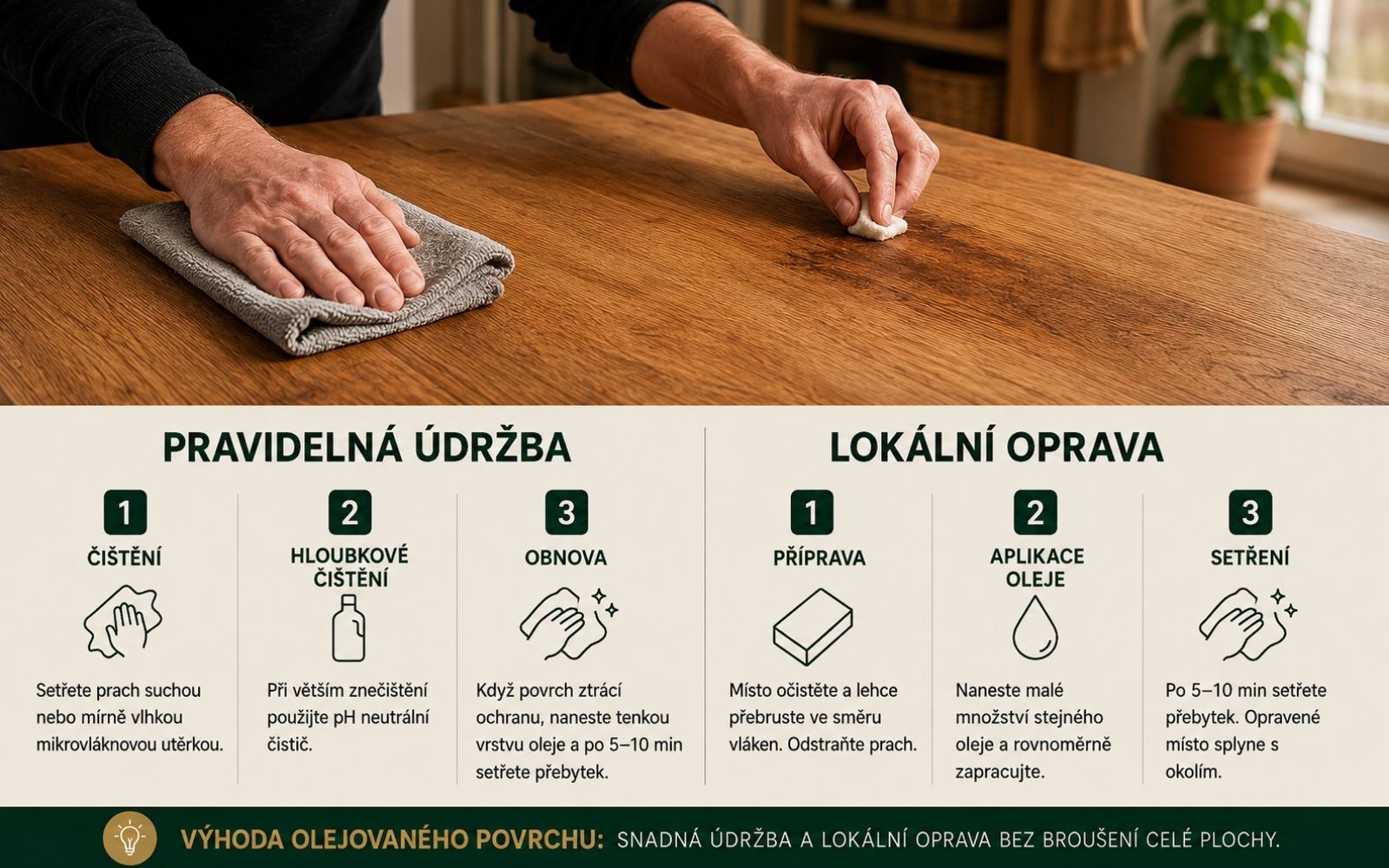 Údržba a lokální oprava při práci s Rubio Oil Plus 2C na interiérovém dřevě